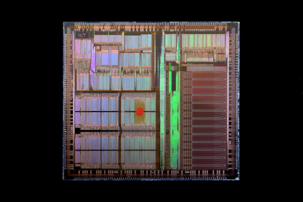 Microscope view of a processor die on black