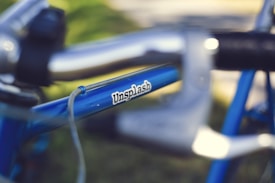 Close-up view of a blue bicycle frame with a focus on the brand label. The background is blurred, giving a sense of motion or outdoor setting.