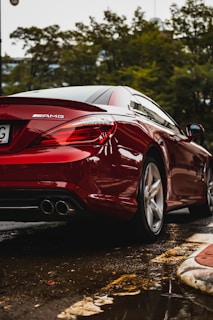 A sleek red sports car parked on a wet road with visible reflections on the surface. The car has a distinctive AMG badge, and lush green foliage is in the background.