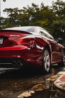 A sleek red sports car parked on a wet road with visible reflections on the surface. The car has a distinctive AMG badge, and lush green foliage is in the background.