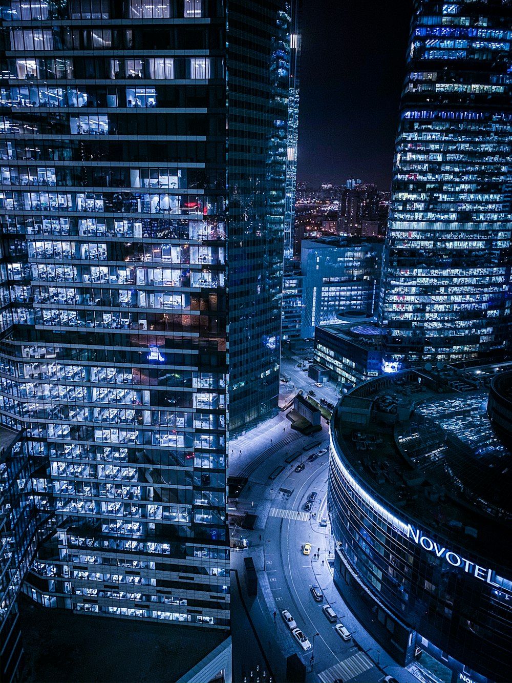 high rise buildings during night time