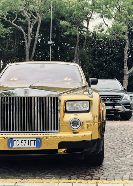 Professional chauffeur opening the door of a gold-accented Rolls-Royce for a well-dressed VIP client.
