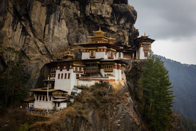 white and brown concrete house on rocky mountain during daytime bhutan zoom background