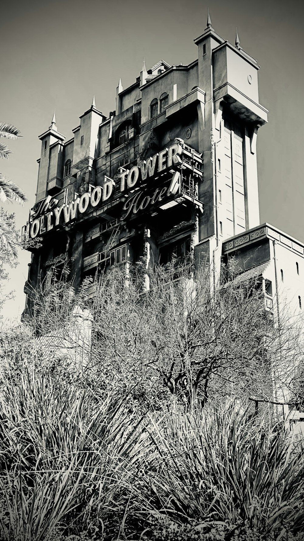 Foto in scala di grigi dell'edificio di Hollywood