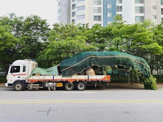 A large truck is parked on a street with a securely covered load of what appears to be a large tree, wrapped in green tarp. The background features tall residential buildings and lush green trees.