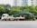 A large truck is parked on a street with a securely covered load of what appears to be a large tree, wrapped in green tarp. The background features tall residential buildings and lush green trees.
