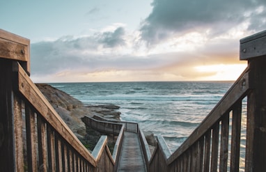 brown wooden stairs on sea shore during daytime
