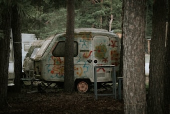 An old, weathered caravan is parked in a wooded area, partially obscured by tall trees. The caravan is covered in colorful graffiti, with various symbols and patterns painted in red, blue, and orange hues. The surrounding area has a rustic feel, and light filters through the dense foliage, creating a serene yet slightly mysterious atmosphere.