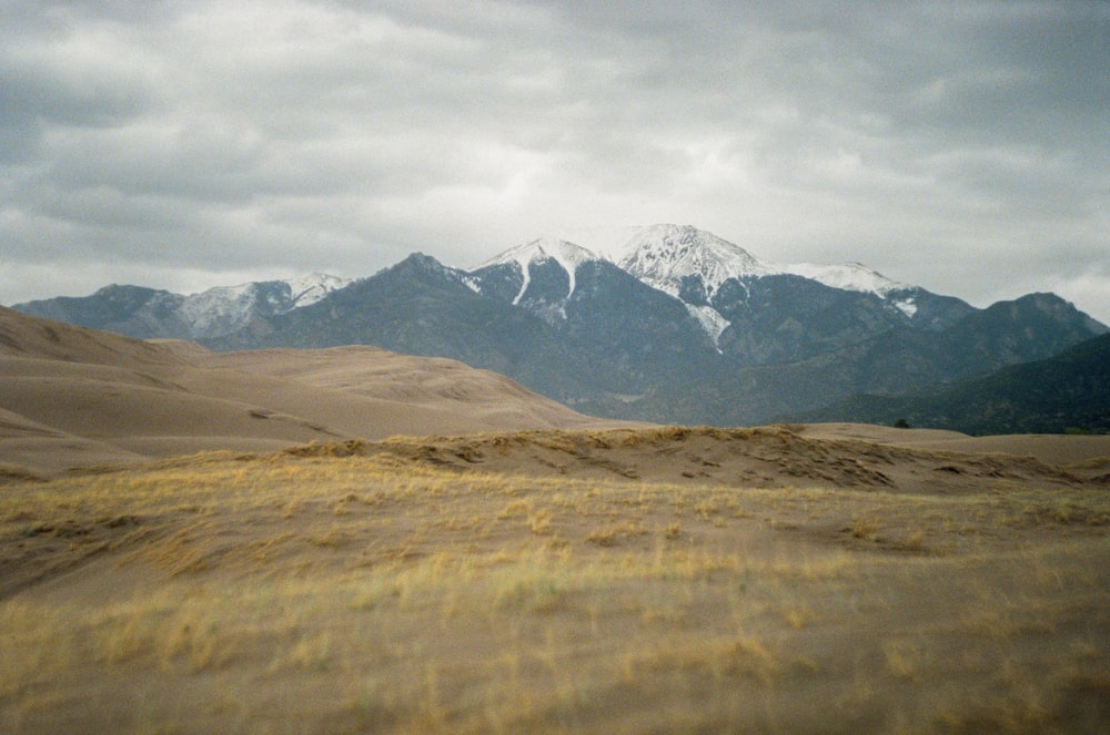 campo de grama marrom perto da montanha coberta de neve durante o dia