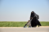A woman dressed in a black niqab and abaya is pushing a stroller with a child seated in it. The setting is outdoors, alongside a road bordered by green grass under a clear blue sky. The woman carries a backpack, and the scene conveys movement.
