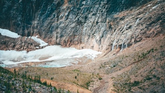 A rocky mountain landscape with a steep cliff above a glacier. The glacier has areas of exposed ice with some surrounding soil and sparse greenery at lower elevations. Streaks of water are visible flowing down the rock face.