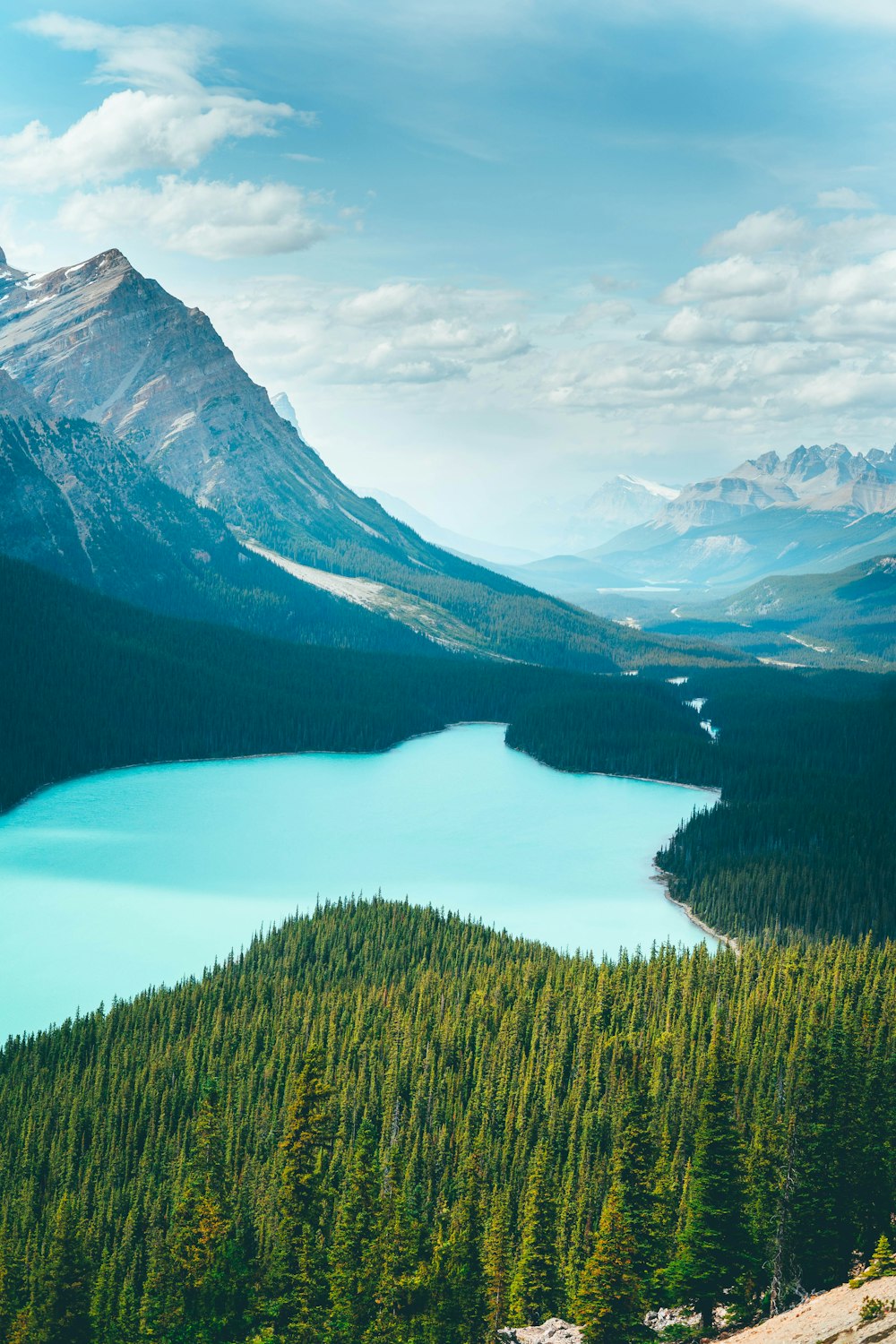 lake surrounded by green trees and mountains under white clouds and blue sky during daytime