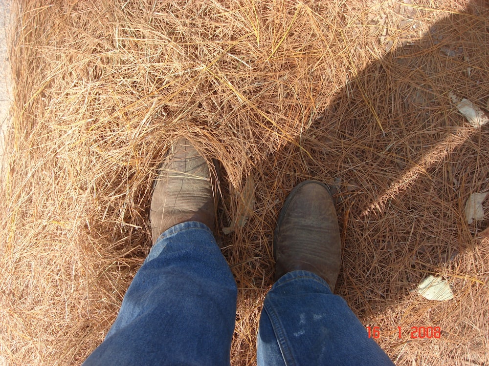 person in blue denim jeans and brown shoes standing on brown grass