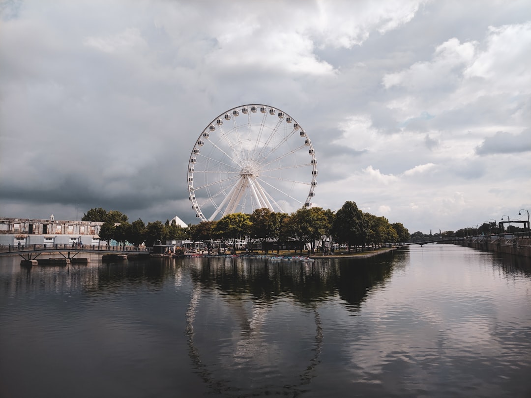 ferris wheel near body of water under cloudy sky during daytime