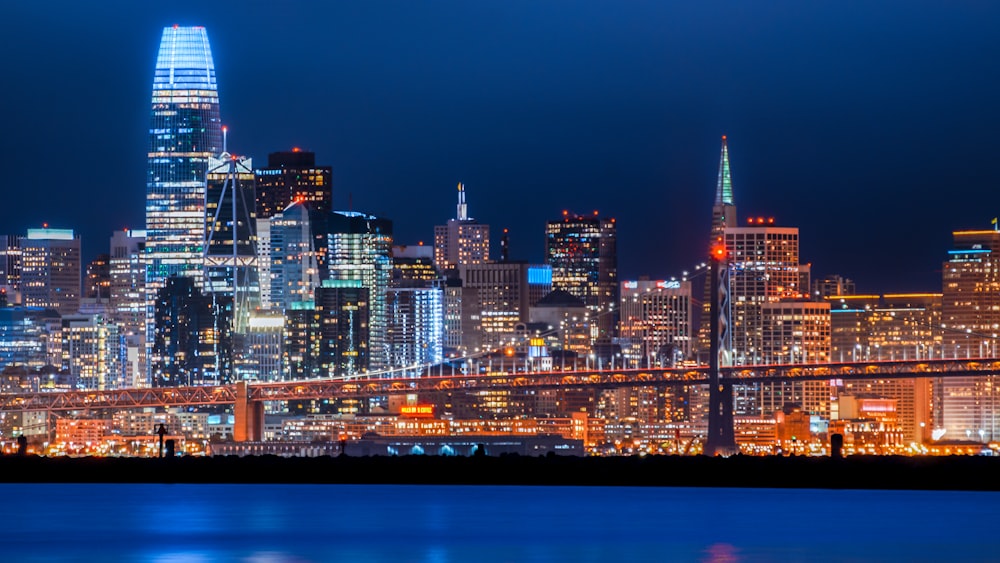 city skyline during night time