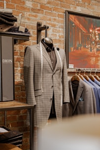 gray and white plaid suit jacket