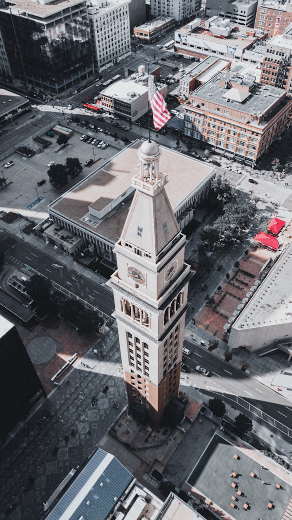 Aerial view of an American downtown city skyline with buildings and streets