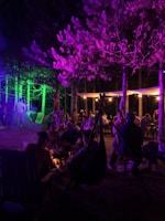 An evening cultural event with music, laughter, and shared stories around a fire pit.