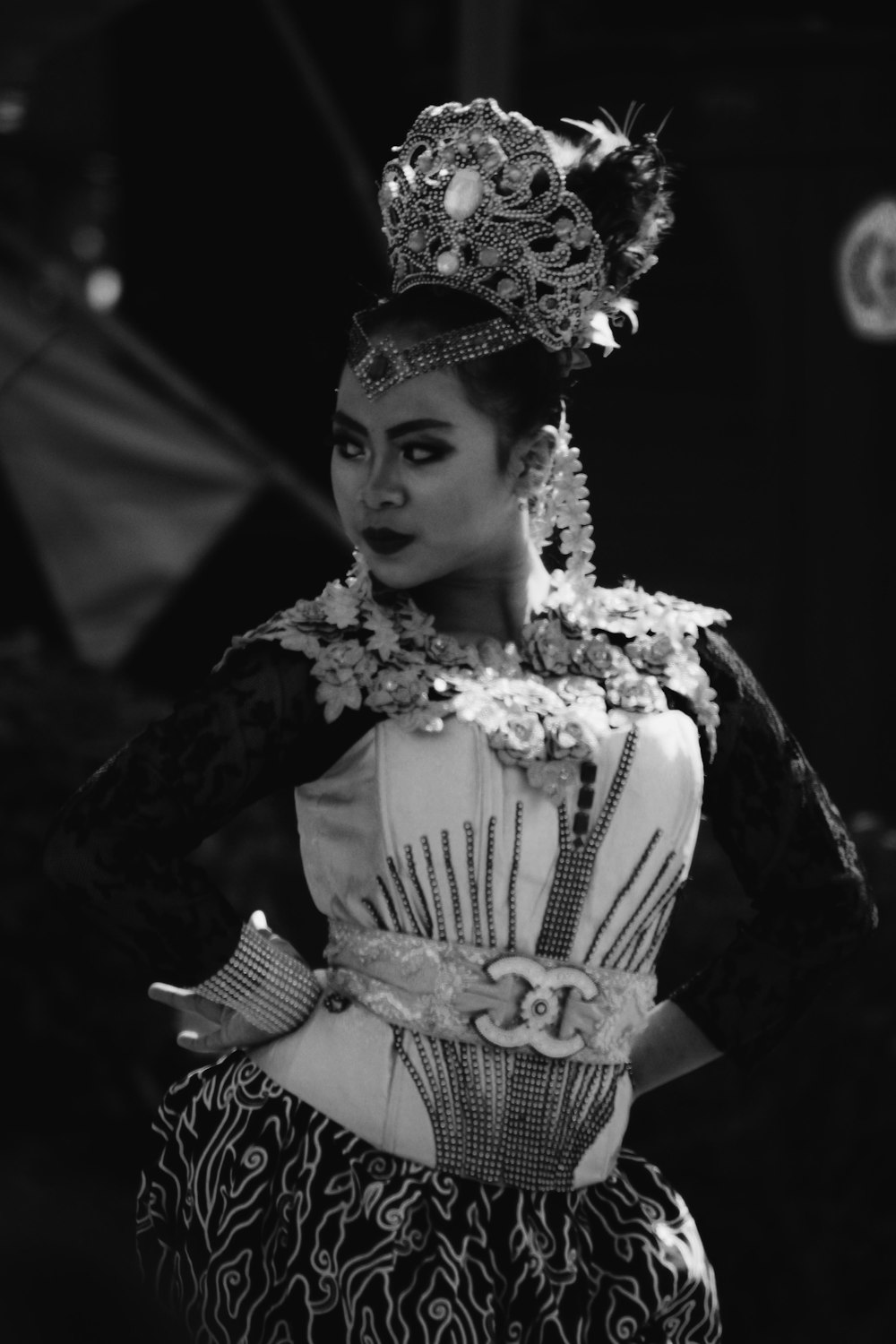 grayscale photo of woman in black and white dress