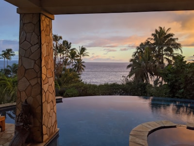 A stunning infinity pool overlooking a serene ocean at sunset, framed by elegant palm trees.