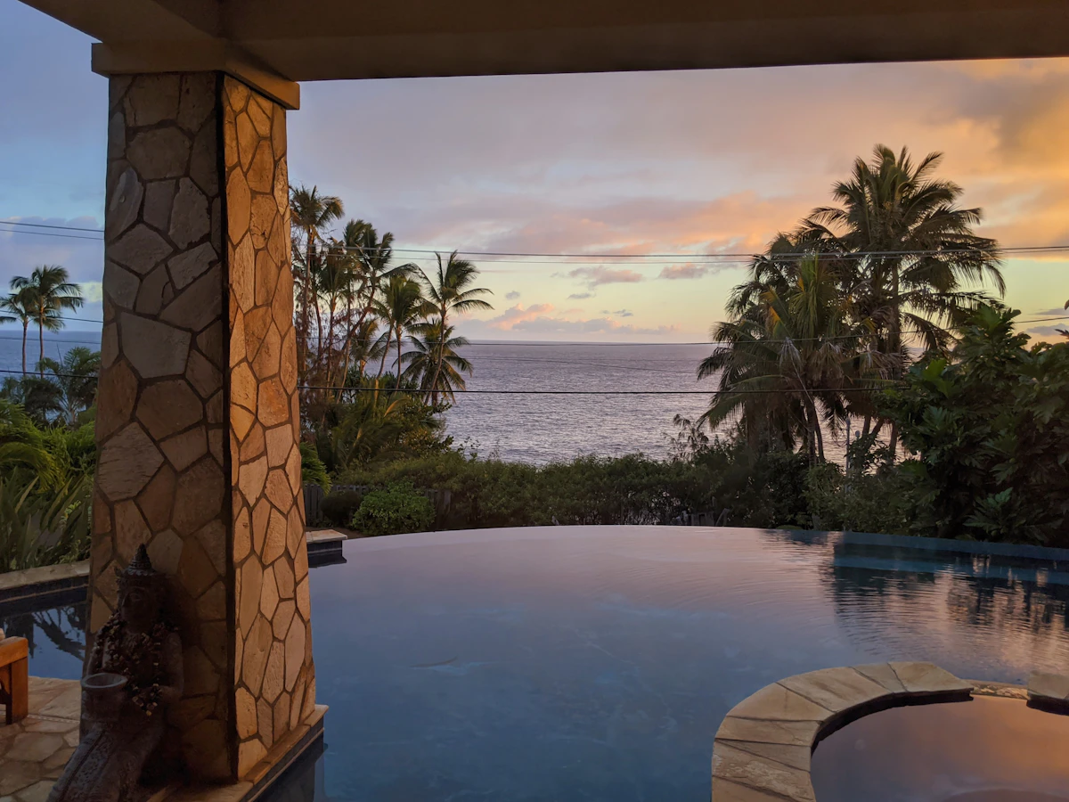 Palm trees beside a luxury resort pool at sunset