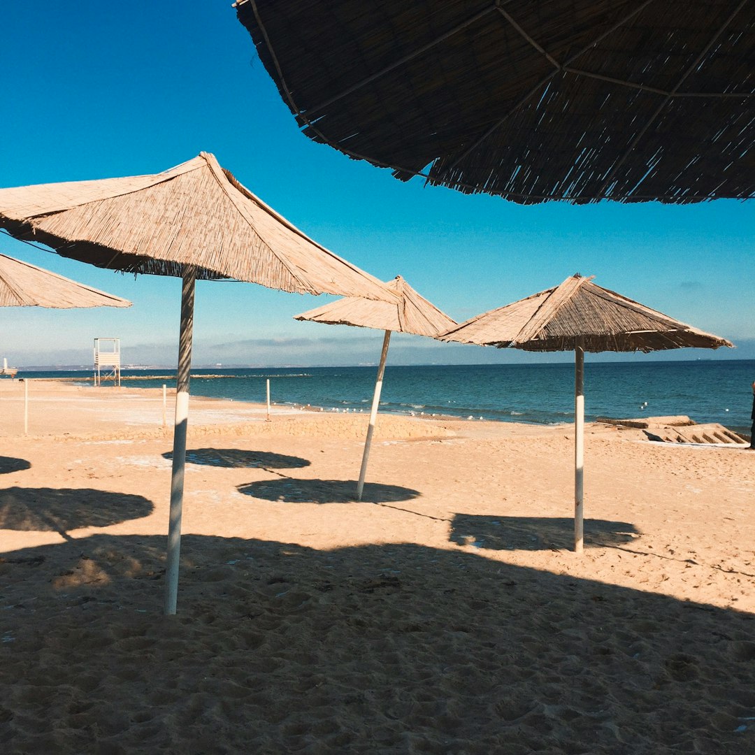 brown and white beach umbrellas on beach during daytime