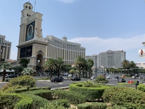 A bustling cityscape with grand hotels including a tower labeled Bellagio. The foreground features neatly trimmed hedges and palm trees lining a busy roadway filled with cars. The sky is clear and blue, adding to the vibrant urban atmosphere.