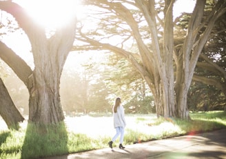 woman in white long sleeve shirt and jeans walking on pathway between trees during daytime