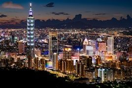 city skyline during night time