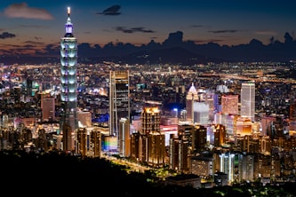city skyline during night time