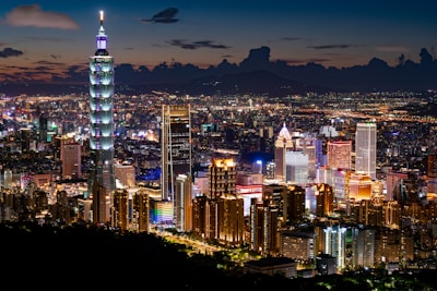 city skyline during night time