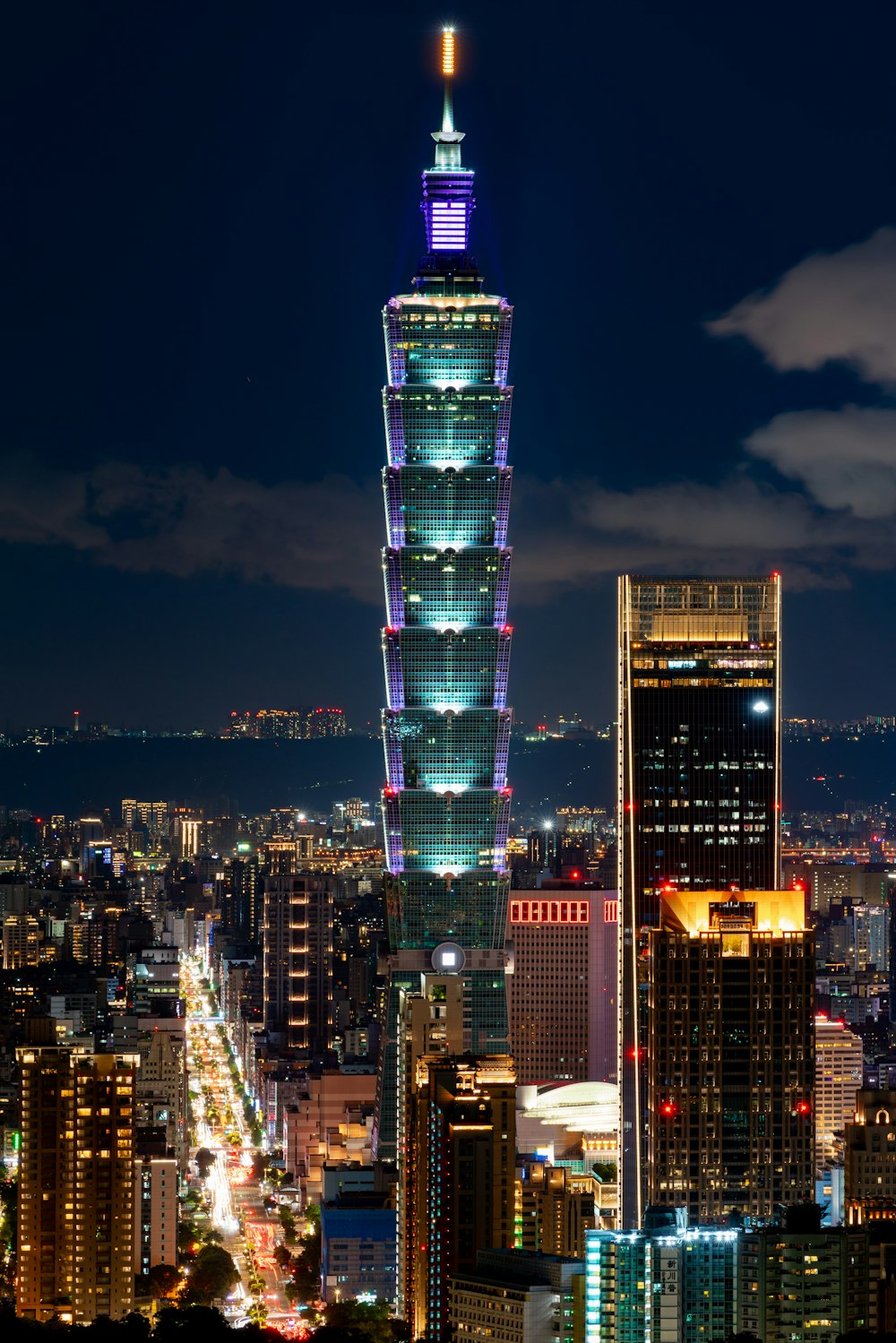 city skyline during night time