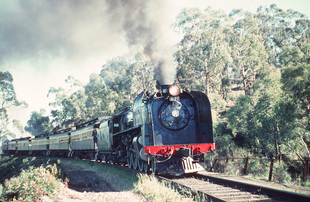 black and red train on rail tracks