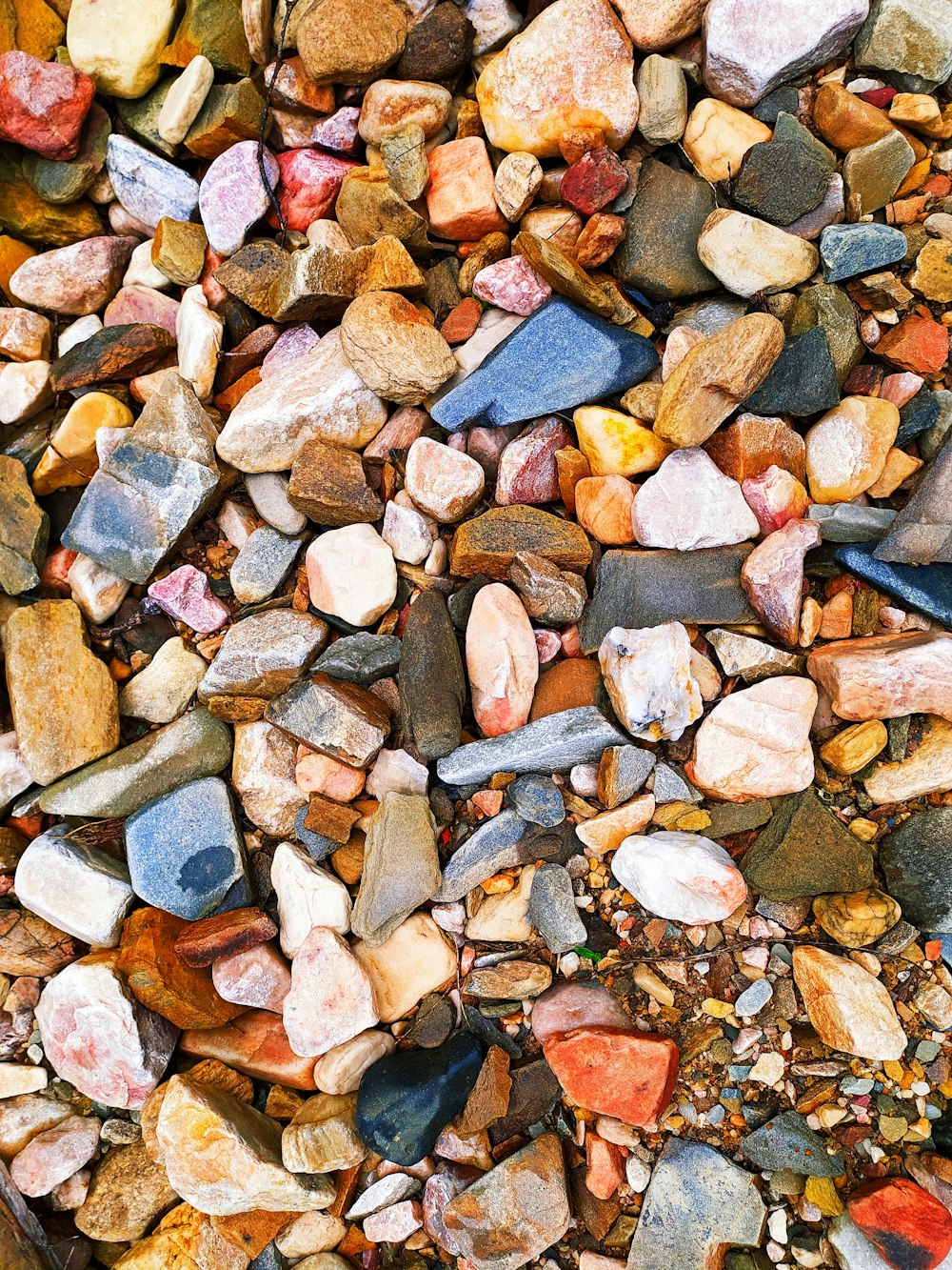 Piedras marrones y grises sobre tablón de madera marrón