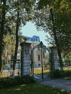 A grand automatic entry gate opening to a spacious driveway surrounded by greenery.