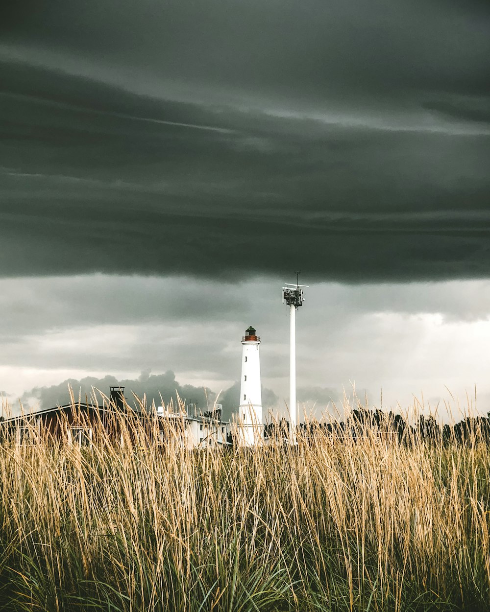 white and black lighthouse under gray clouds