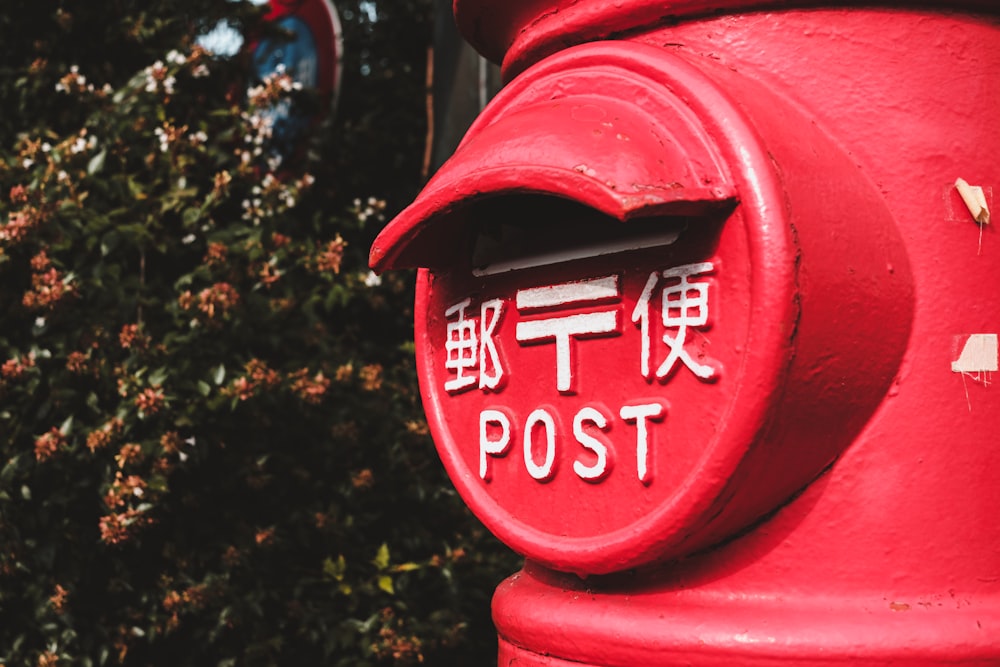 red mail box near green leaf plant