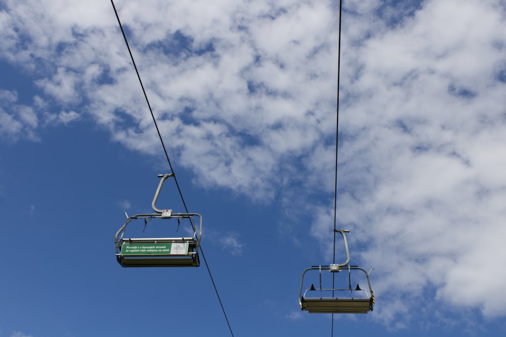 Teleférico verde y blanco bajo cielo nublado