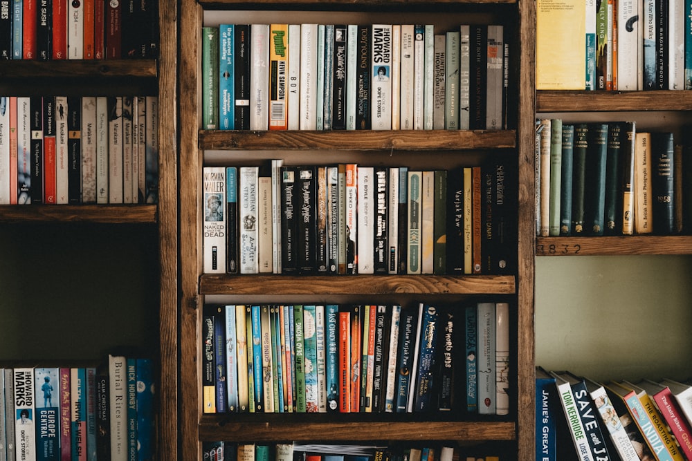 books on brown wooden shelf