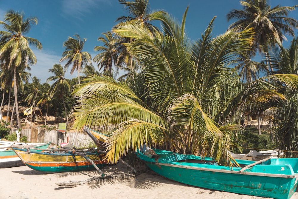 green and blue boat on beach during daytime