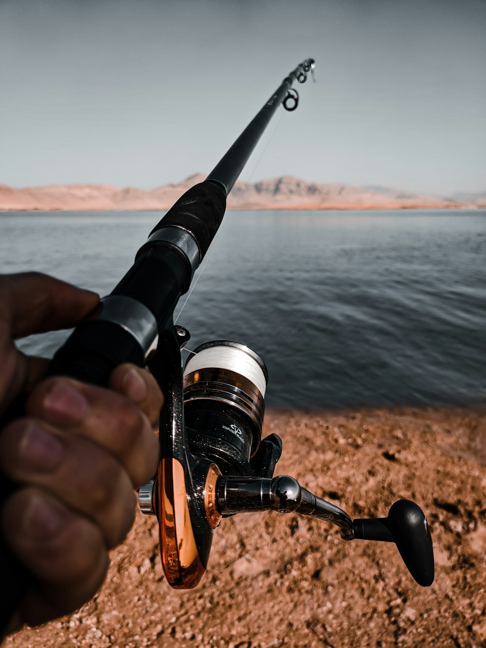 person holding black and brown fishing rod with reel