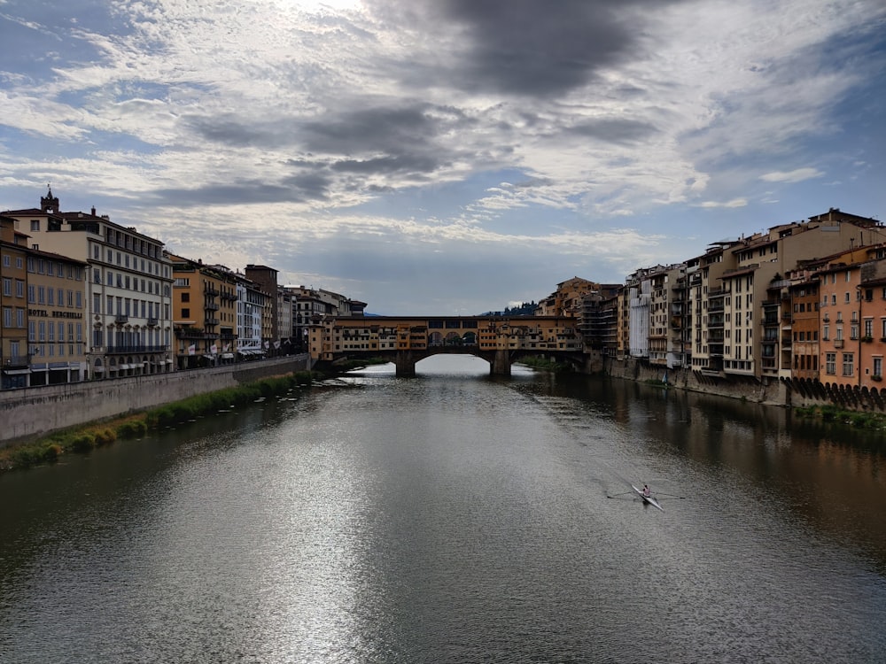 river between concrete buildings under cloudy sky during daytime