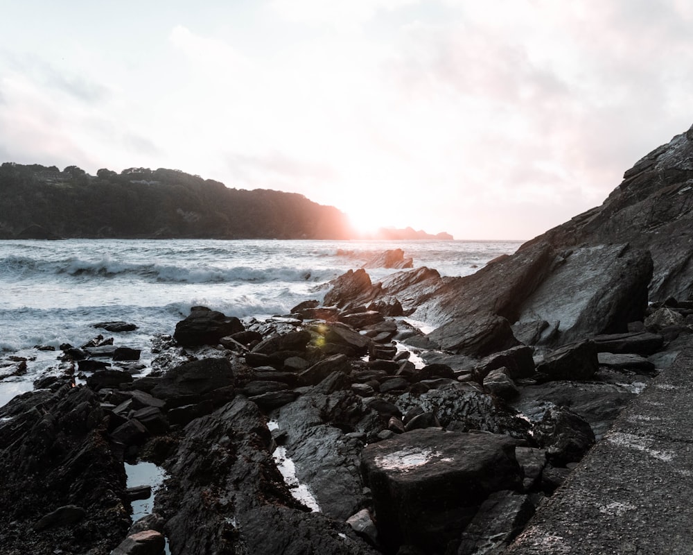 rocky shore near rocky mountain during daytime