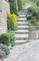 Natural stone pathway leading to the pousada’s main entrance framed by vibrant plants