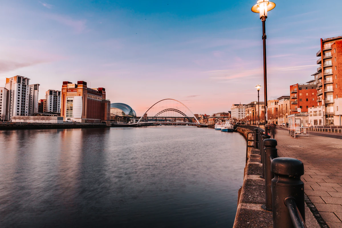 Newcastle Quayside and bridges over the River Tyne at dawn