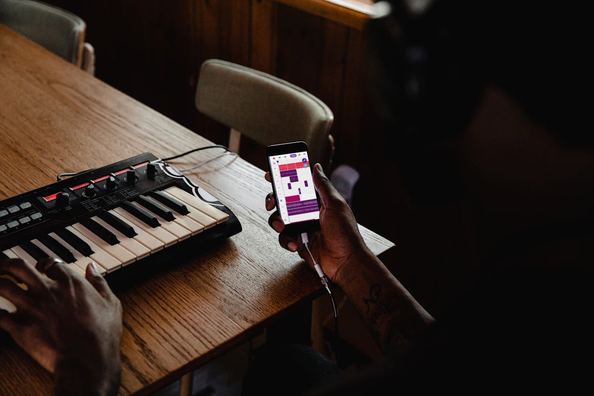 木製のテーブルに置かれた小型のMIDIキーボードを左手で弾きながら、右手に持ったスマートフォンの画面に表示された音楽アプリのカラフルなブロックを見ている人の手元。奥には空いた椅子が2脚並んでいる