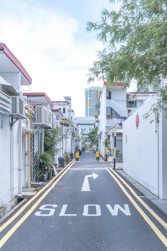 white and gray concrete building beside green trees during daytime in Tiong Bahru Singapore