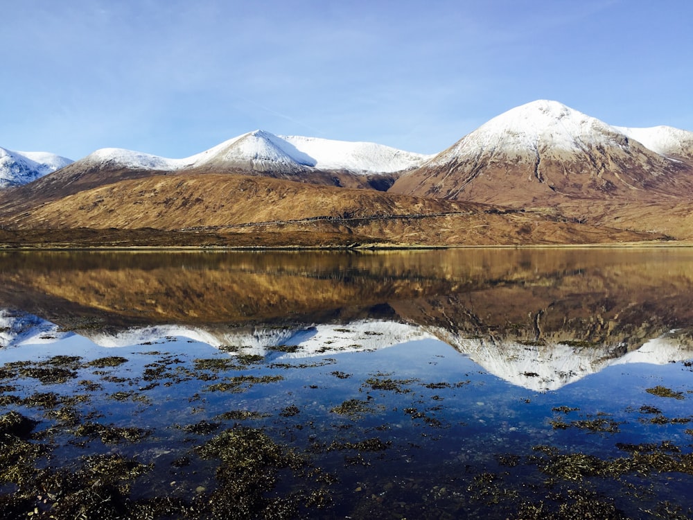 snow covered mountain near lake under blue sky during daytime