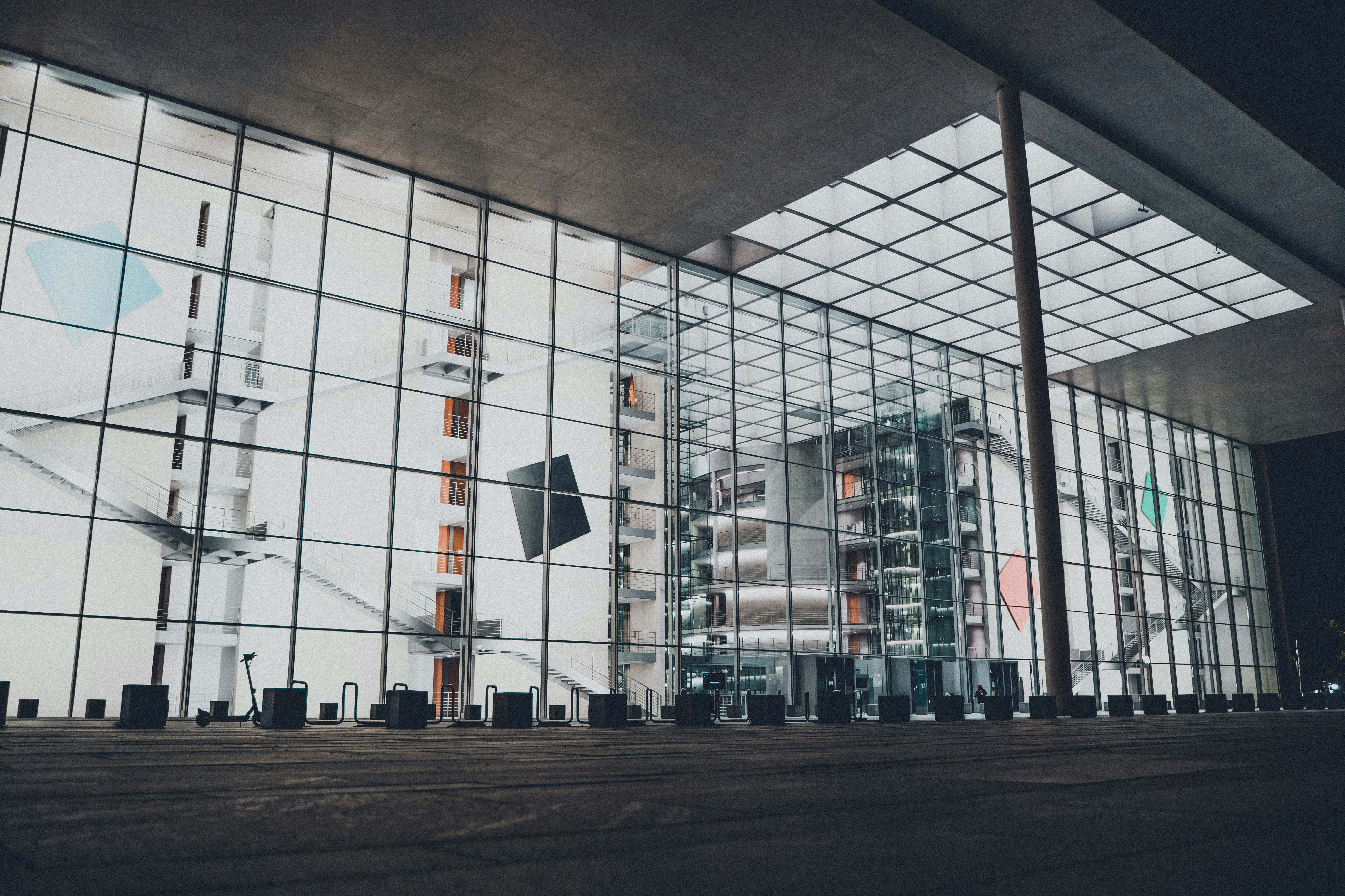 white and black glass building