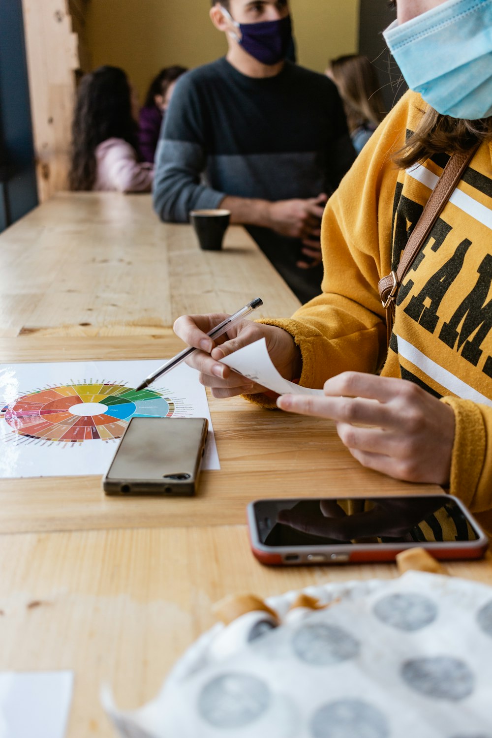 person in yellow jacket holding silver fork